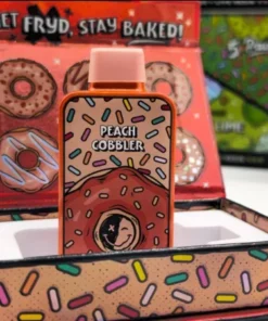 Fryd Donuts Peach Cobbler Disposable with peach and baked dessert-inspired branding