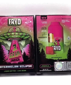 Fryd Watermelon Eclipse Disposable With Gummies Indica product packaging with watermelon-inspired branding
