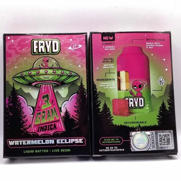 Fryd Watermelon Eclipse Disposable With Gummies Indica product packaging with watermelon-inspired branding