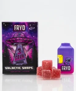 Fryd Galatic Grape Disposable With Gummies product packaging with grape-inspired branding