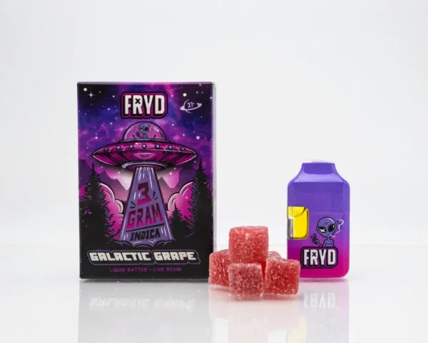 Fryd Galatic Grape Disposable With Gummies product packaging with grape-inspired branding