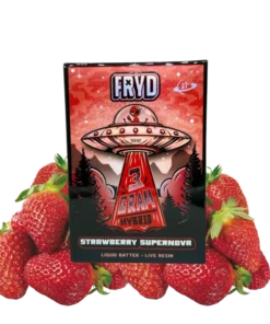 Fryd Strawberry Supernova Disposable With Gummies product packaging and strawberry-inspired branding