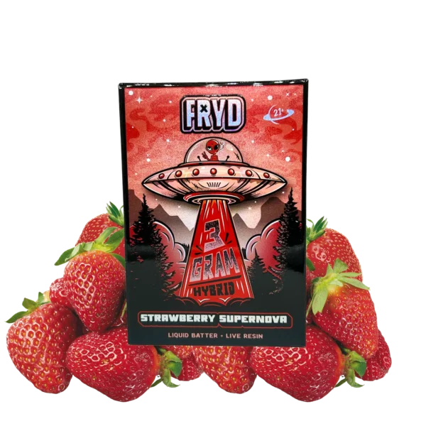 Fryd Strawberry Supernova Disposable With Gummies product packaging and strawberry-inspired branding
