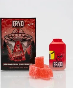 Fryd Strawberry Supernova With Gummies product packaging and strawberry-inspired branding