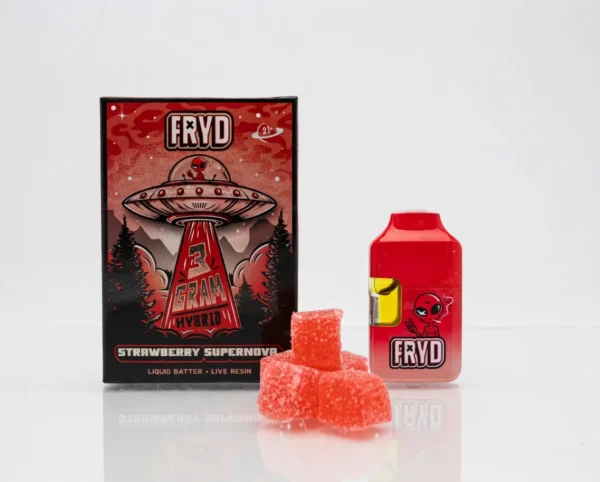 Fryd Strawberry Supernova With Gummies product packaging and strawberry-inspired branding