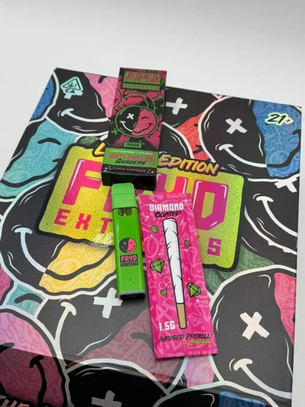 Fryd Watermelon Gushers With Prerolls Indica product packaging with watermelon candy flavor branding